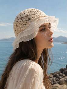 1pc Women's Handmade Crochet Snowflake Hat With Chiffon Ruffle Brim, Knitted Sun Hat, Suitable For Outdoor, Party And Holiday - A - View 2