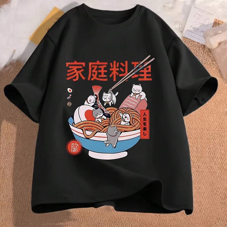 Camiseta Kawaii Ramen Cats Food para hombre y mujer, camiseta estética Harajuku, ropa de calle Unisex Vintage, camisetas de dibujos animados de Anime - forma - Ver 1