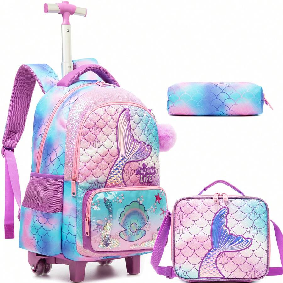 3PCS Girls Rolling Backpack With Wheels For Kids 3D Animal School Roller Backpack,Carry On Travel Luggage With Lunch Bag And Pencil Case For Girls Ages 5-12 - Multicolor Girls Trolley School Bag - View 1