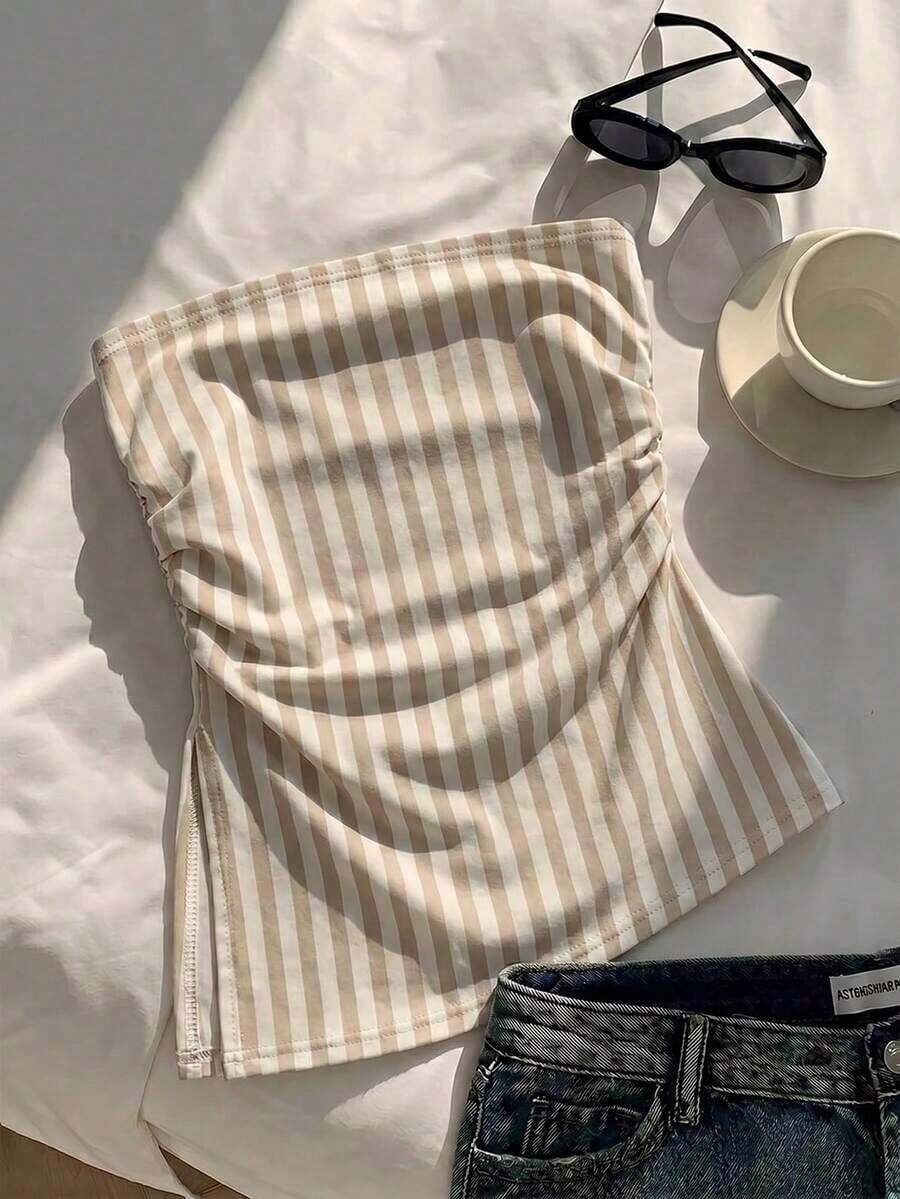 Top bandeau ajustado minimalista casual de mujer, bajo asimétrico, estampado de lunares, conjunto de verano - Multicolor 7 - Ver 1
