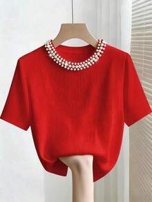 Camiseta de manga corta con cuello redondo ajustado, con cuentas y acanalada, elegante para mujeres - Rojo - Ver 1