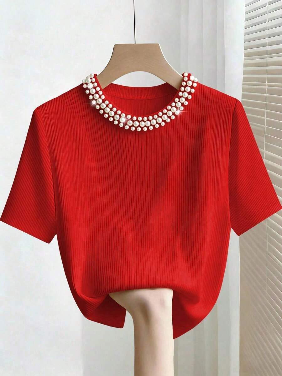 Camiseta de manga corta con cuello redondo ajustado, con cuentas y acanalada, elegante para mujeres - Rojo - Ver 1