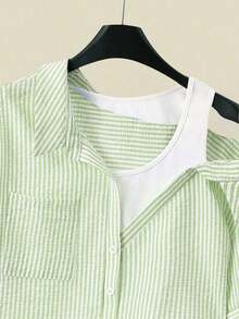 Camisa de mujer casual de manga corta raglán a rayas texturizada azul y blanca, de verano - Verde - Ver 4