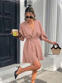 Vestido corto casual y de viaje con cuello en V y estampado de cuadros para mujer - Rosa vieja - Ver 3