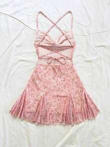 Vestido mini de mujer para vacaciones con tirantes finos, escote pronunciado, espalda descubierta, lazo, bajo estilo sirena, estilo romántico, vestido mini para pausas de té, caminatas al aire libre, citas, atuendo de playa, malla, joven y feme - Rosa - Ver 2