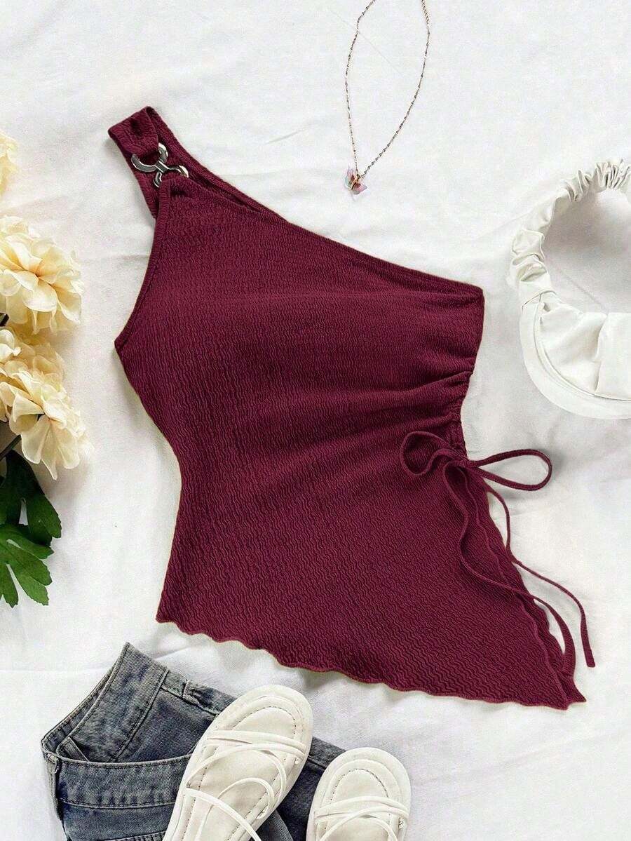 Camiseta de tirante único de punto jacquard texturizado de color beige para mujer, adecuada para fiesta, cita, Día de San Valentín, Pascua, carnaval, té de la tarde, playa, crucero, vacaciones en la ciudad - Burdeos - Ver 1