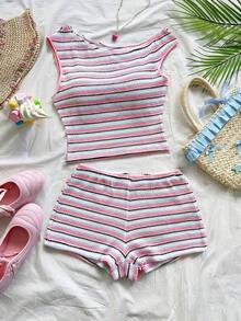 Eduarda Gutierrez  Conjunto de 2 piezas para mujer con top corto de punto a rayas y shorts ajustados de tiro súper bajo, atuendo adecuado para vacaciones, fiestas, Navidad, San Valentín, citas, playa, crucero, carnaval, Pascua, Año Nuevo Chi - Multicolor 5 - Ver 10