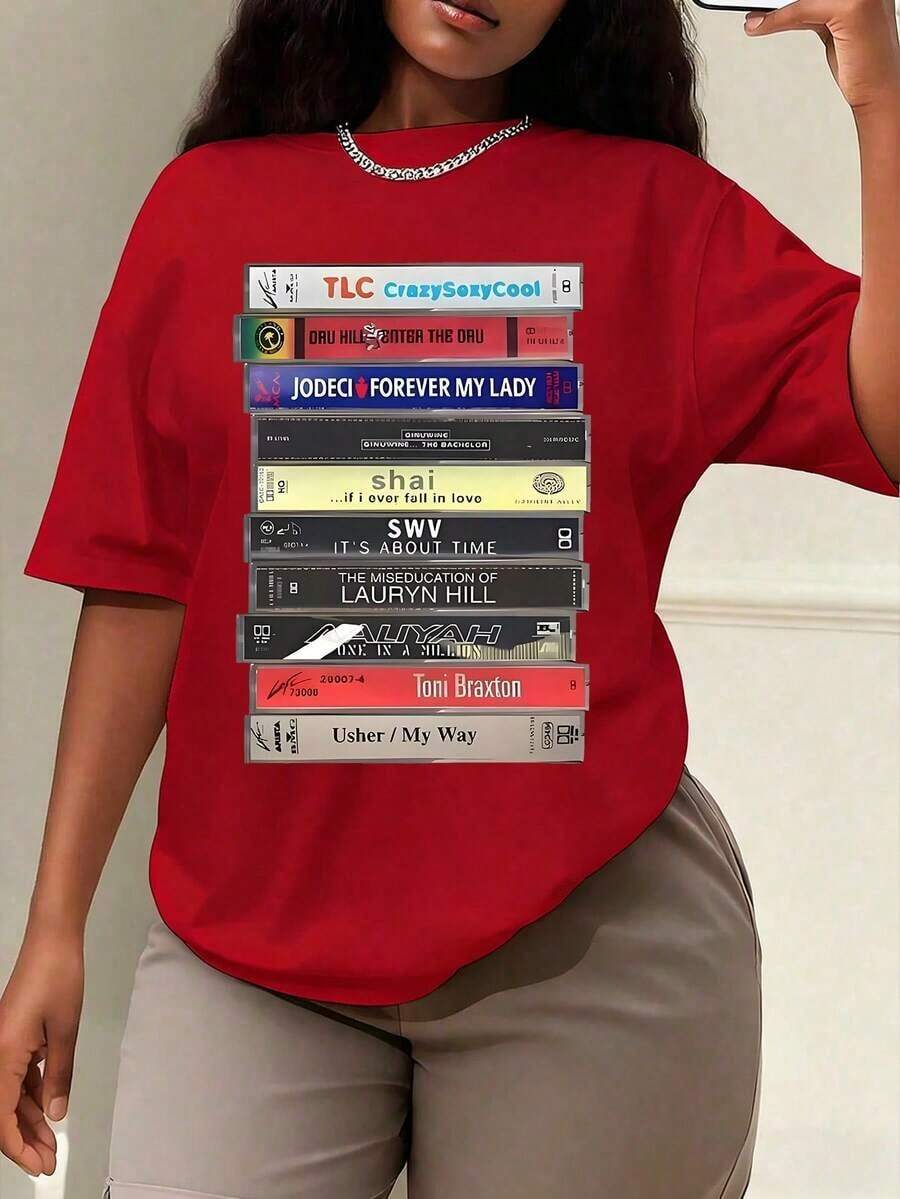 90s R&B Cassette Print T-Shirt, Women's Spring/Summer Clothing, Crew Neck T-Shirt, Women's T-Shirt, Women's Summer Short Sleeve Top, Women's Spring/Summer Sets - 紅色的 - 查看 1
