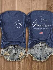 Camiseta de manga corta con cuello redondo para mujer, estilo europeo y americano, ligera y transpirable, con un diseño de inspiración estadounidense que presenta los motivos de 1776 y la bandera nacional, adecuada para uso casual en otoño, una blusa estampada a la moda y cómoda, versátil y de estilo urbano - Transpirable y agradable para la piel. - verde oscuro - Ver 10