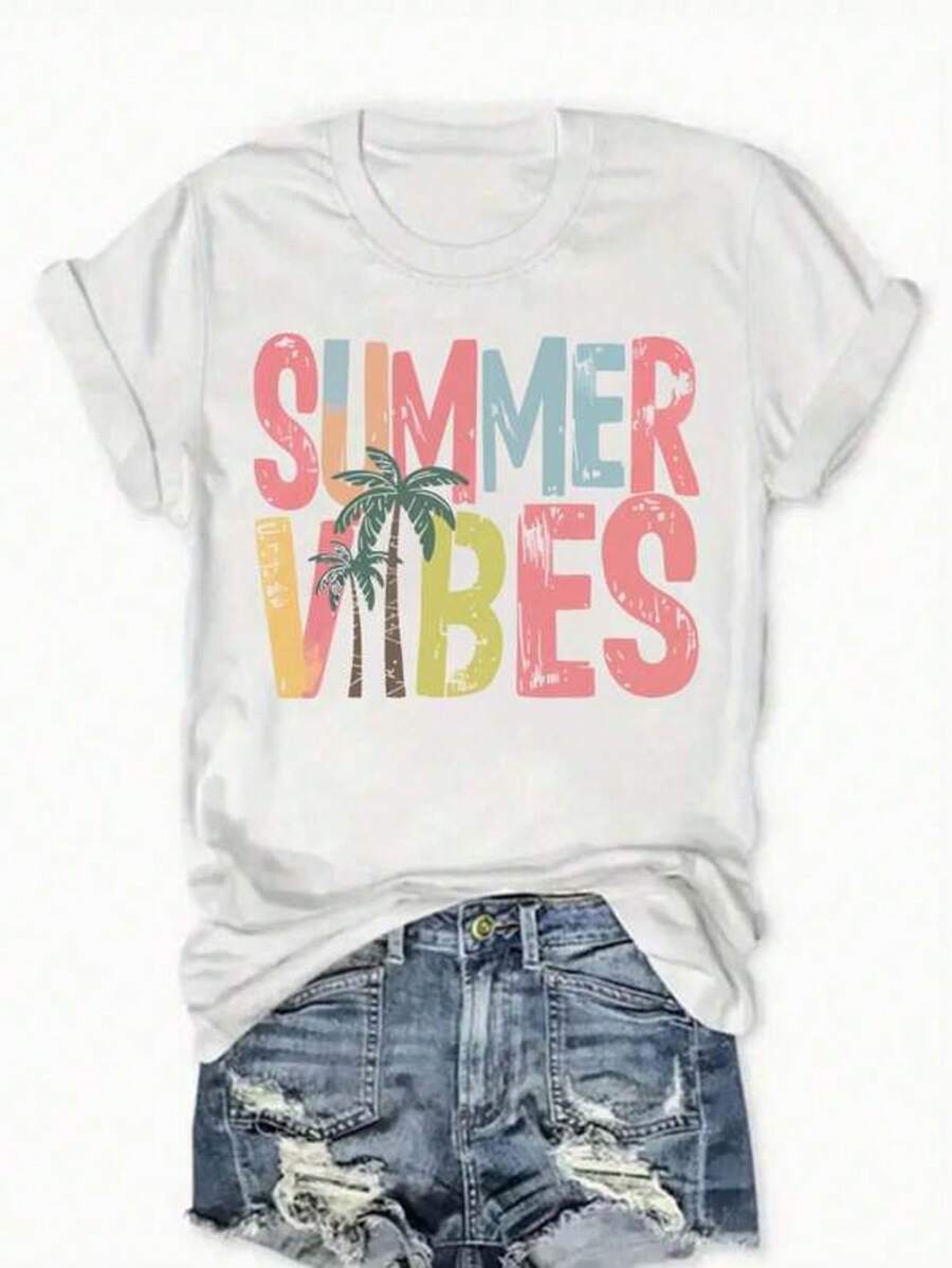 Una camiseta de manga corta casual para mujer hecha de puro, con un estampado vibrante de tema veraniego con palmeras. Estarte superior de cuello redondo ofrece un uste cómodo, lo que la hace adecu para cualquier tempor, elabor con material duradero.