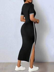 Vestido elegante de mujer de manga corta con cuello en V, de punto elástico de color negro con bloqueo de color, asimétrico con abertura en el bajo - Negro - Ver 2