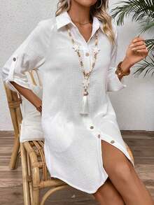 LUNE Vestido camisero casual de mujer de un solo abotonado, unicolor, con mangas enrollables y corte holgado - Blanco marfil - Ver 5