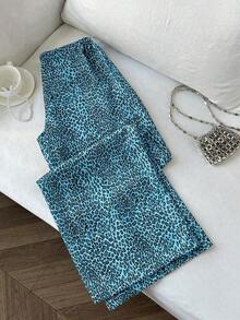 Pantalones anchos de pierna negros con diseño de estampado de leopardo retro elegante, pantalones rectos con cintura elástica con cordón, uso casual, vuelta al colegio - Celeste - Ver 2