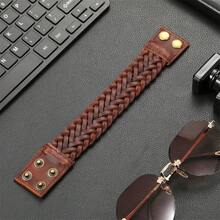 1 pieza Brazalete de cuero tejido vintage desgastado, accesorio de estilo punk diario para hombres - Marrón - Ver 3