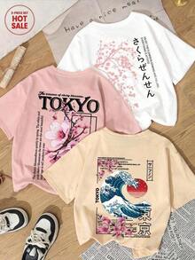 Set de Prenda individual, no un conjunto de 3 piezas, 1 piezas/set de camisetas de manga suitable for streetwear, Top oversized cuello redondo daily outings, camping, concerts, hip-hop, rock, and rap events versatile, suitable for streetwear, daily outings, camping, concerts, hip-hop, rock, and rap events estilo de verano Camiseta de manga corta de cuello redondo con estampado de paisaje de sakura, Parte superior versátil para mujer - Negro - Ver 8