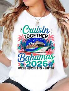 Camiseta de mujer Cruisin Together Bahamas 2026 Crucero Barco Palma Estampado floral Uso diario casual Cuello redondo Manga corta Suave y cómoda 220G - Blanco - Ver 2