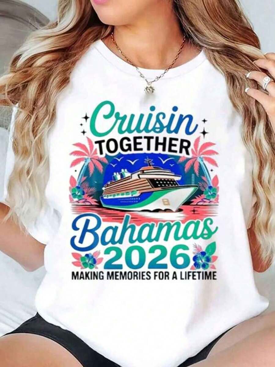 Camiseta de mujer Cruisin Together Bahamas 2026 Crucero Barco Palma Estampado floral Uso diario casual Cuello redondo Manga corta Suave y cómoda 220G
