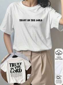Camiseta de manga corta para mujer, 100% algodón, con estampado "TRUST IN THE LORD", estilo casual, camiseta gráfica, tela suave, ropa de algodón, top, estampado, camiseta de verano, camiseta para mujer, top, ropa de verano, estilo vacacional, estilo de viaje, estilo playero, ropa minimalista para resort. - Blanco - Ver 4
