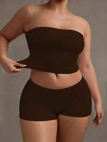 Camiseta sin tirantes sexy básica, top tubo ajustado de unicolor y elástico a la moda, adecuado para mujeres en todas las estaciones, casual negro de verano - Marrón - Ver 4