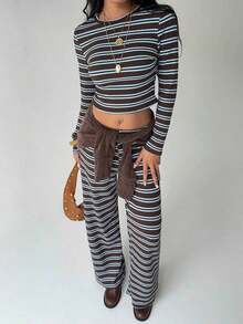 Conjunto de pijama informal para mujer de , incluye camiseta de manga larga con cuello redondo a rayas y pantalones rectos a rayas, adecuado para uso diario, deportes, otoño/invierno, ropa para el regreso a clases, conjunto de dos piezas a rayas marrones, para uso diario, oficina, salidas. - Marrón 2 - Ver 7