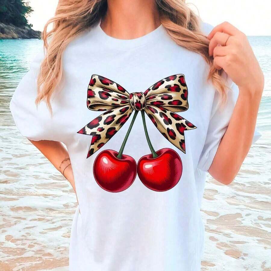 Mexican Basic YOKASA Camiseta de mujer de manga corta y cuello redondo. Estampado de cerezas y mariposas. 1 pieza, 180g Pure Heavy, 95% poliéster 5% spandex - Camiseta unisex de manga corta, cuello redondo, estilo vintage urbano, de algodón suelto. Nuevo lanzamiento. - Blanco - Ver 1