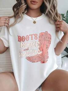 Camiseta Casual con Estampado de Botas Vaqueras para Mujer, de Boots Booze And Besties, Adecuada para Todas las Temporadas  
 Negro - Blanco - Ver 1