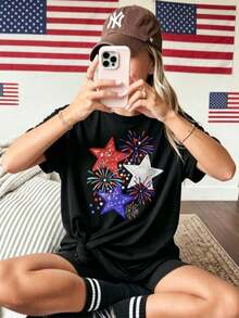 Women's Holiday T-Shirt, Patriotic T-Shirt For Women - Red, White And Blue Stars, With American Fireworks Design, Casual Loose Fit, Machine Washable, Fashionable Women's Top, 100% Cotton, Plus Size, Fun Retro Pattern T-Shirt - 黑色 - 查看 10