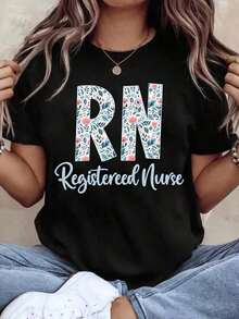 Women's Crew Neck T-Shirt With Floral RN (Registered Nurse) Print, Short Sleeves, Casual Style, Ideal For Nurses, For Work Or Everyday Wear. Suitable For Spring, Summer And Autumn. - 黑色 - 查看 1
