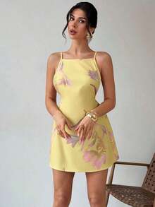Vestido casual de mujer con estampado floral amarillo, de tirantes finos y espalda descubierta, vestido suelto de estilo hawaiano para vacaciones, vestidos de verano amarillo mantequilla para mujeres - Multicolor - Ver 5