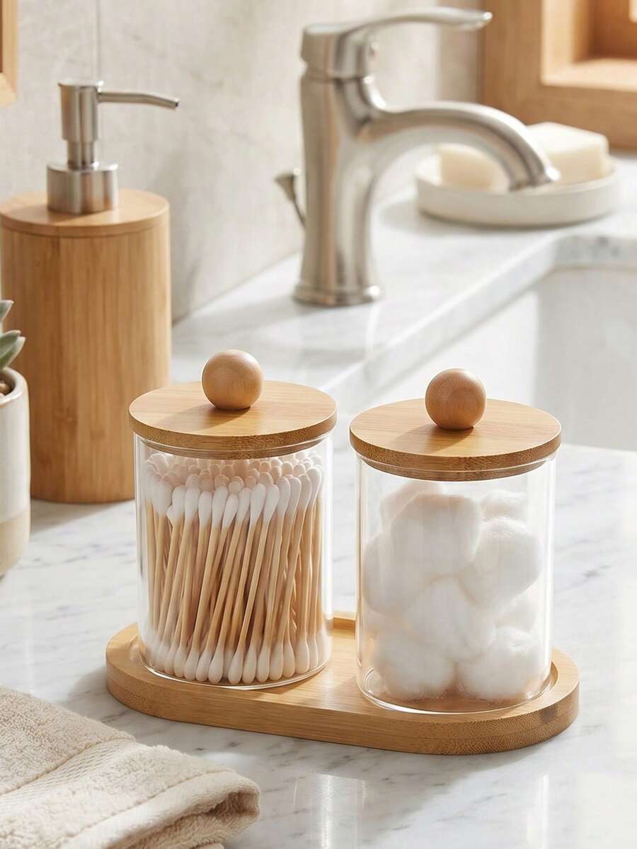 2/3 Piezas Juego de almacenamiento de hisopos de algodón para baño (los tamaños seleccionados incluyen bandeja) - Frascos dispensadores de hisopos de algodón de estilo de boticario de acrílico (con tapas) - Multicolor - Ver 1