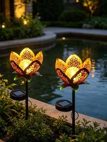 1pc Solar Powered Tulip Decorative Garden Waterproof Metal Garden LED Light, Suitable For Yard, Garden, Lawn, Pathway, Patio, Courtyard, Decorative Atmosphere Light - Multicolor - View 5