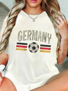 Women's Crew Neck T-Shirt With German Flag And Football Print, Limited Edition - Loose Fit, Short Sleeve, Casual Style, Suitable For Spring, Summer And Autumn, Machine Washable Activewear. | Comfortable And Loose Fit, Lightweight Cotton - 白色 - 查看 1