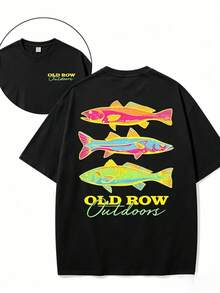 Men's Casual Summer Washed Cotton T-Shirt Old Row Outdoor Fish Print, Round Neck Short Sleeve Lightweight Knitted Fabric, Rib Details 100% Cotton - 純棉黑色 - 查看 6