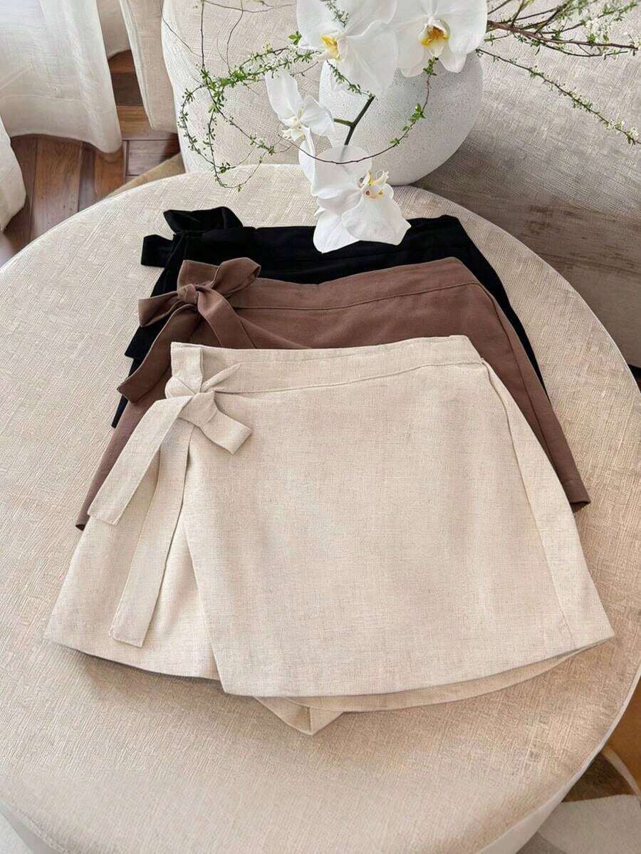 Conjunto de 3 piezas de pantalones y falda envolvente de unicolor minimalista para uso casual y diario en verano para mujeres - Albaricoque - Ver 1