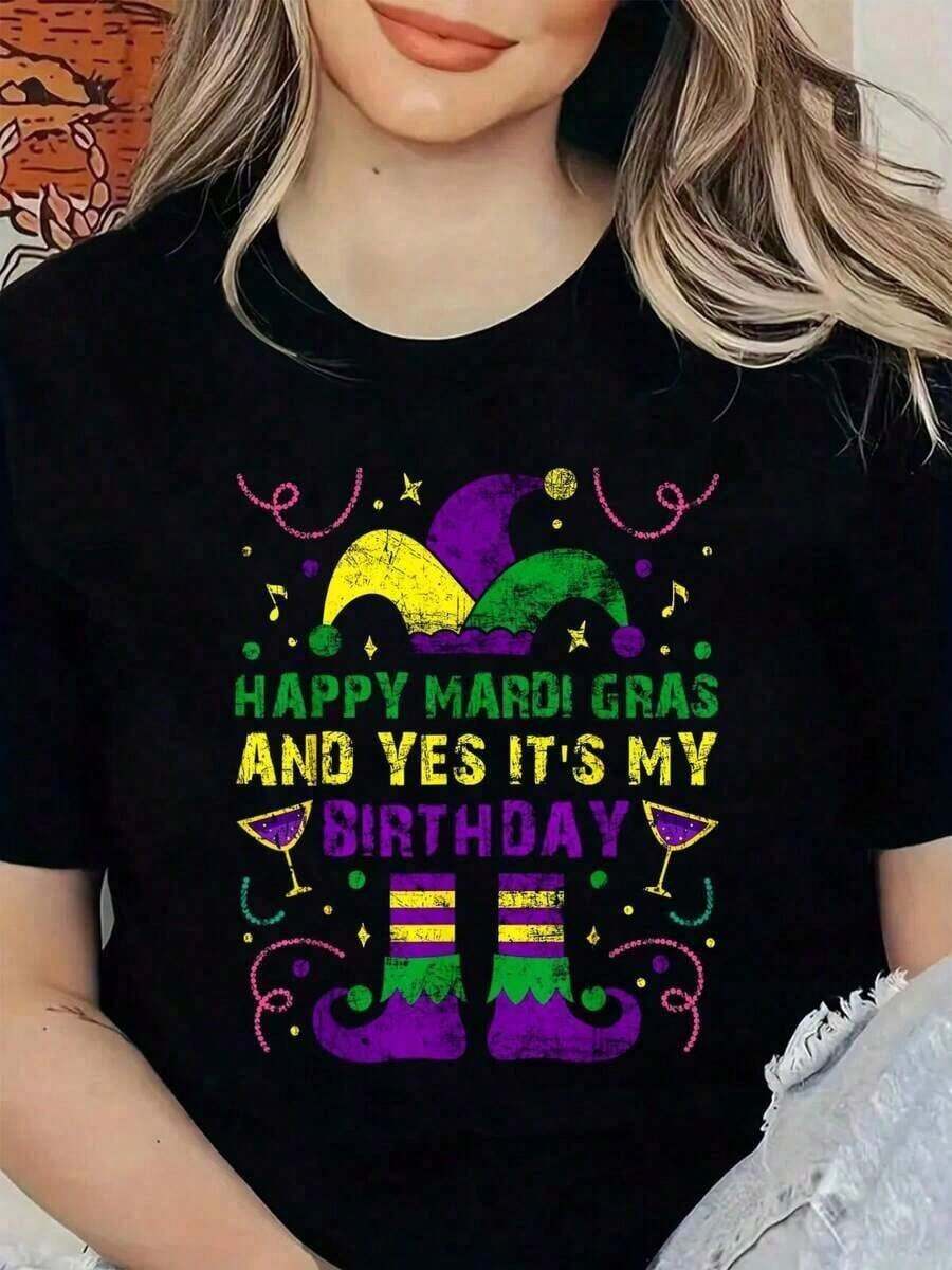 playeras de algodón mujer 1psc1 pieza Happy Mardi Gras Sí, mi cumpleaños, camiseta de fiesta para hombres, mujeres y niños, camisetas gráficas para mujeres, 180g, 100% algodón suave100%cotton ropa de mujer Daily home top - Negro - Ver 1