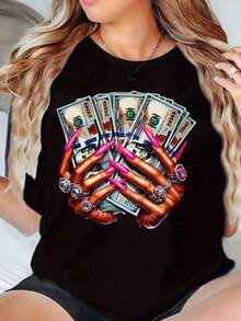 playeras de algodón mujer 1pscCamiseta de cuello redondo 100% algodón con estampado de dinero y manos sosteniendo cigarros para uso casual 180g suave100%cotton ropa de mujer  Daily home top - Negro - Ver 1