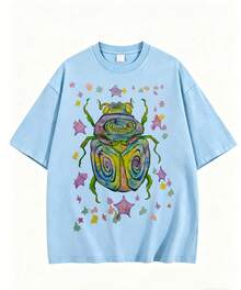 CottonWashable T-Shirt-Colorful Beetle Party Printed T-Shirt,Perfect For Everyday Wear,Gifts For Father'S Day-Summer Tops-New Summer Outfits For Women - 薄荷藍 - 查看 1