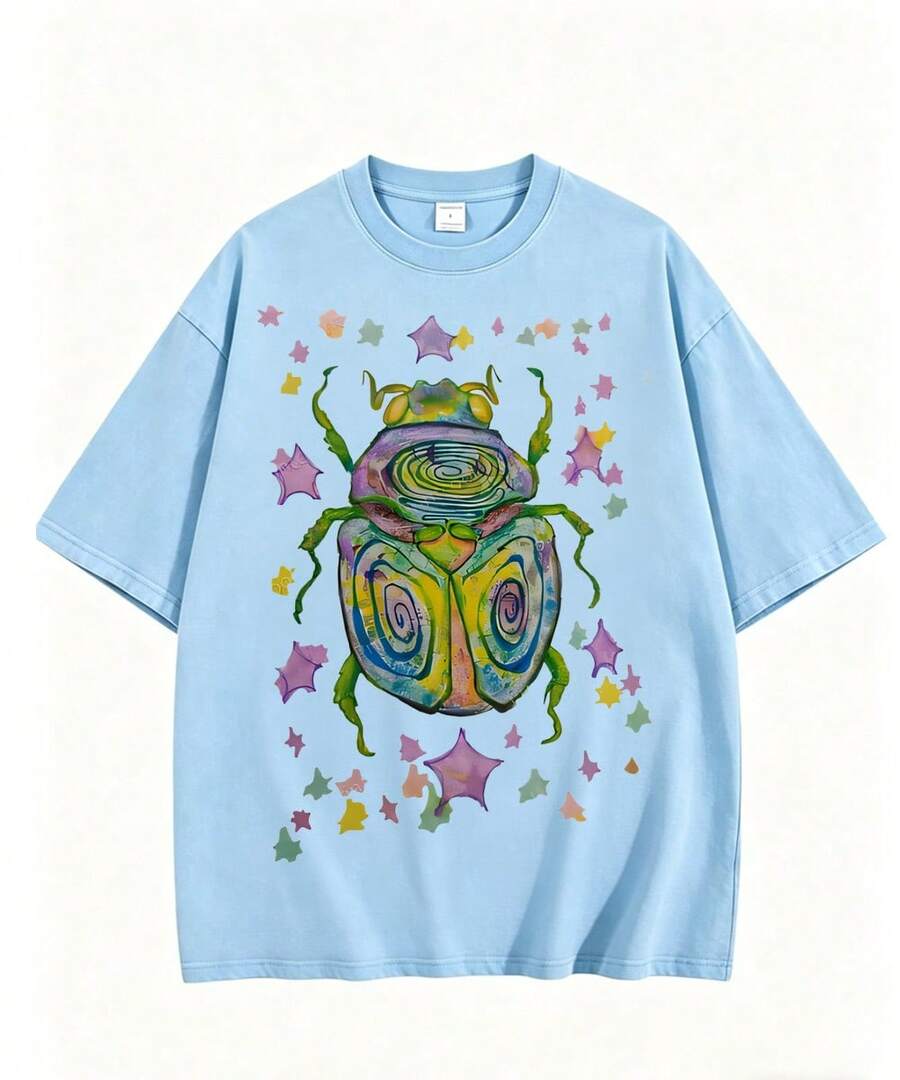 CottonWashable T-Shirt-Colorful Beetle Party Printed T-Shirt,Perfect For Everyday Wear,Gifts For Father'S Day-Summer Tops-New Summer Outfits For Women - 薄荷藍 - 查看 1