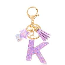 1 Pc Cute Purple Glitter Letter Keychain, Initial Resin Keyring With Tassel & Star Charm, Fashion Aesthetic Purse & Car Key Accessory - Purple - View 8