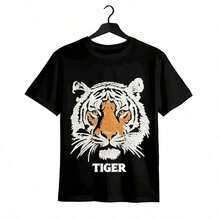 Tops para mujer de algodón negra de manga regular con cuello redondo y estampado gráfico de tigre llamativo para mujer, elasticidad media, para verano, ropa de verano para mujer, ropa de vacaciones para mujer, tops para mujer, tops y conjuntos de verano, ropa de verano, regalos de cumpleaños, regalos para la Copa Mundial 2026. - Negro - Ver 1