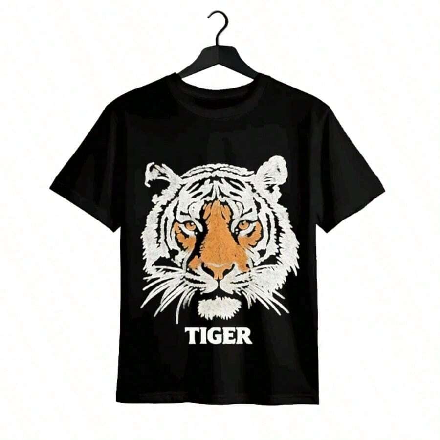 Tops para mujer de algodón negra de manga regular con cuello redondo y estampado gráfico de tigre llamativo para mujer, elasticidad media, para verano, ropa de verano para mujer, ropa de vacaciones para mujer, tops para mujer, tops y conjuntos de verano, ropa de verano, regalos de cumpleaños, regalos para la Copa Mundial 2026. - Negro - Ver 1