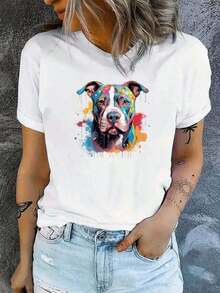 Camiseta GiftGift para mujer con estampado de Pit Bull Arcoíris, ideal para mujeres amantes de los animales, estilo veraniego informal y a la moda, estilo verano 2023, suave y cómoda. - Blanco - Ver 6