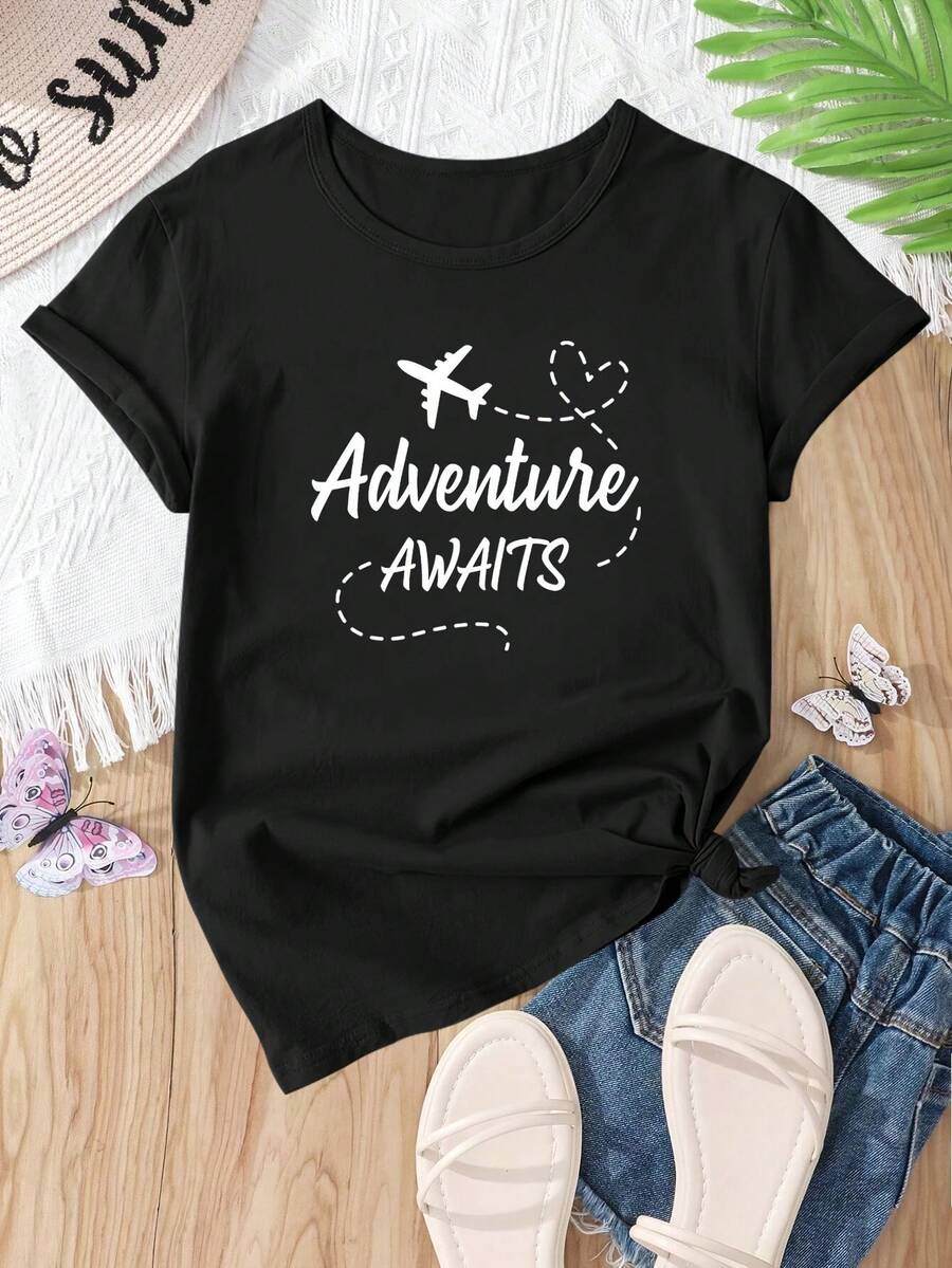 Camiseta casual holgada de manga corta para verano con diseño de aventura estampado - Negro - Ver 1