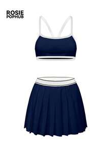 Bộ tennis nữ ROSIE POPHUB màu xanh navy phối mảng màu, áo bra thể thao racerback và chân váy xếp ly 2 món, đồ thể thao thường ngày cho mùa hè - Màu xanh hải quân - Xem 9