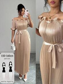 Petite Vestido elegante de color champán con mangas cortas, hombros descubiertos y volantes - Champán - Ver 3