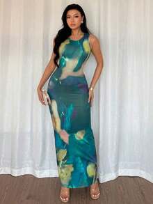 Vestido largo de mujer de vestido de escote con estampado de teñido anudado, vestido de verano largo, vestido largo verde maxi para outfit de mujer - Verde - Ver 3