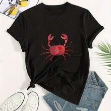 ropa de mujer Camisetas de algodón con cuello redondo y estampado gráfico para mujer, estampado de cangrejo rojo en la camiseta, camisetas casuales de manga corta de gran tamaño, camisetas unisex, camisetas de moda de primavera y verano para mujer, camisas de mujer - Negro - Ver 2
