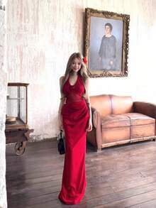 Nuevo Vestido Elegante con Cintura Marcada, Encaje de Malla y Cuello Halter Estilo Puro Sensual - Rojo - Ver 2