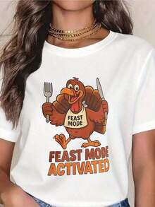 Camiseta Divertida con Diseño de Pavo para Fiesta de Acción de Gracias, Ropa Casual para Mujeres y Hombres, Regalo Humorístico para el Día de Acción de Gracias, Camiseta de Comedia Temporal con Diseño de Pavo de Dibujos Animados, 100% Algodón - Blanco - Ver 1