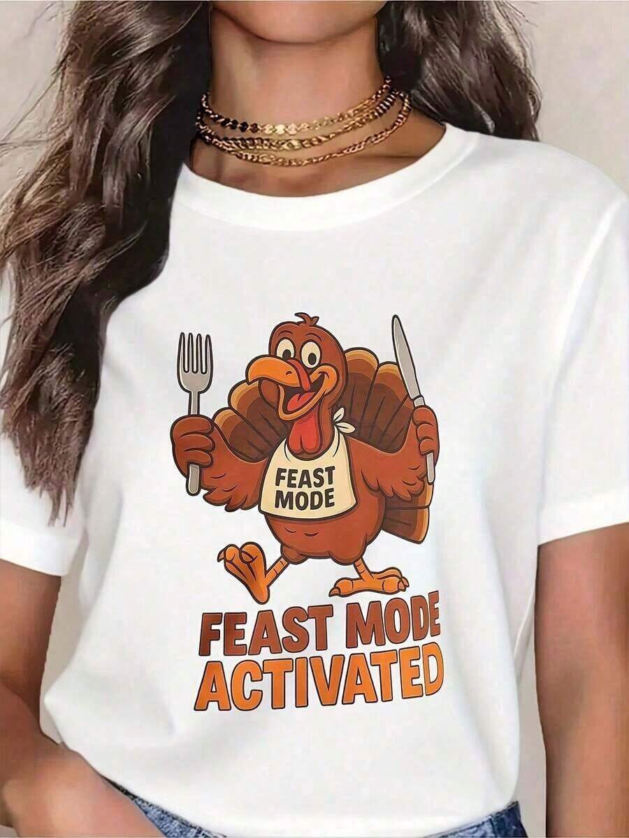 Camiseta Divertida con Diseño de Pavo para Fiesta de Acción de Gracias, Ropa Casual para Mujeres y Hombres, Regalo Humorístico para el Día de Acción de Gracias, Camiseta de Comedia Temporal con Diseño de Pavo de Dibujos Animados, 100% Algodón - Blanco - Ver 1